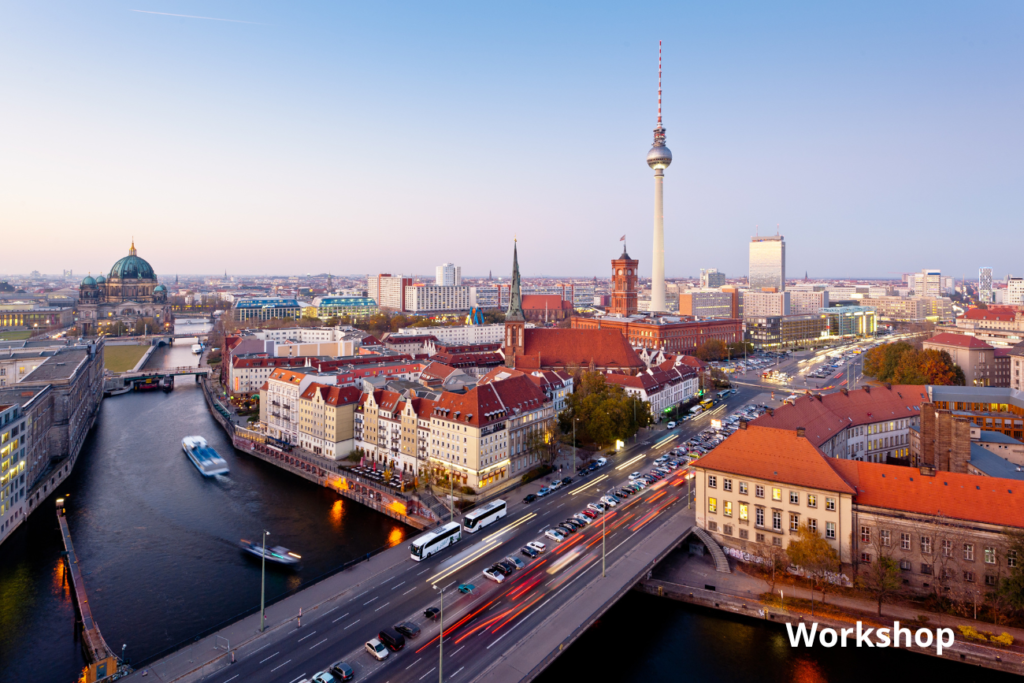 a cityscape of Berlin, Germany, with the river Spree and the tv tower