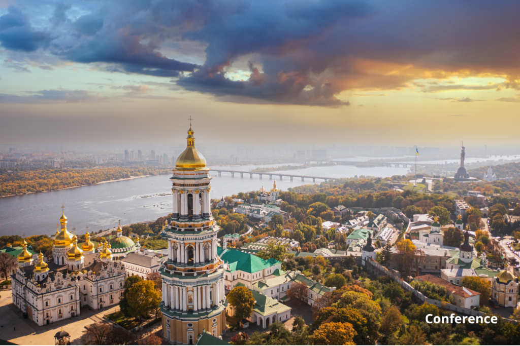 Kyiv cityscape with Pechersk Lavra. Aerial view from drone