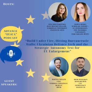 podcast logo with a mash-up of the Ukrainian and the EU flags and with portraits of the speakers