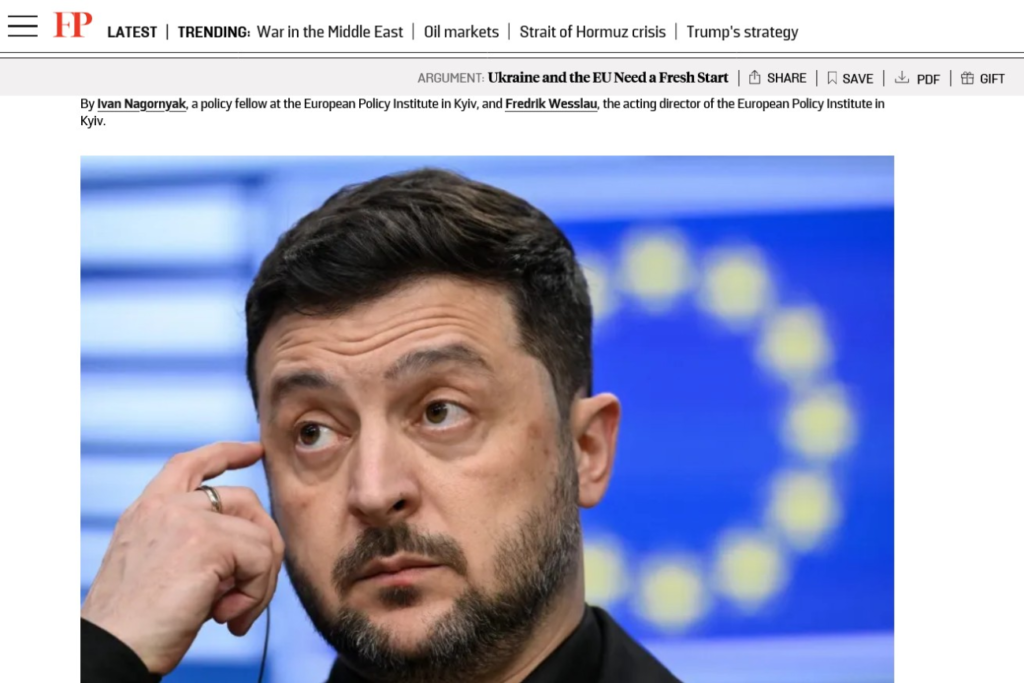 screengrab of the article with a photo of Volodymyr Zelenskyy deep in thought in front of an EU flag