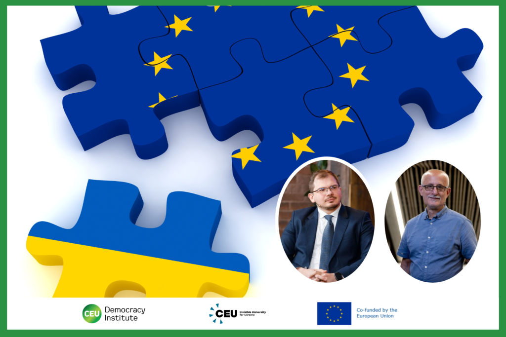 illustration: a puzzle with pieces depicting the EU flag and the Ukrainian flag; plus a portrait of Ivan Nagornyak and Laszlo Bruszt